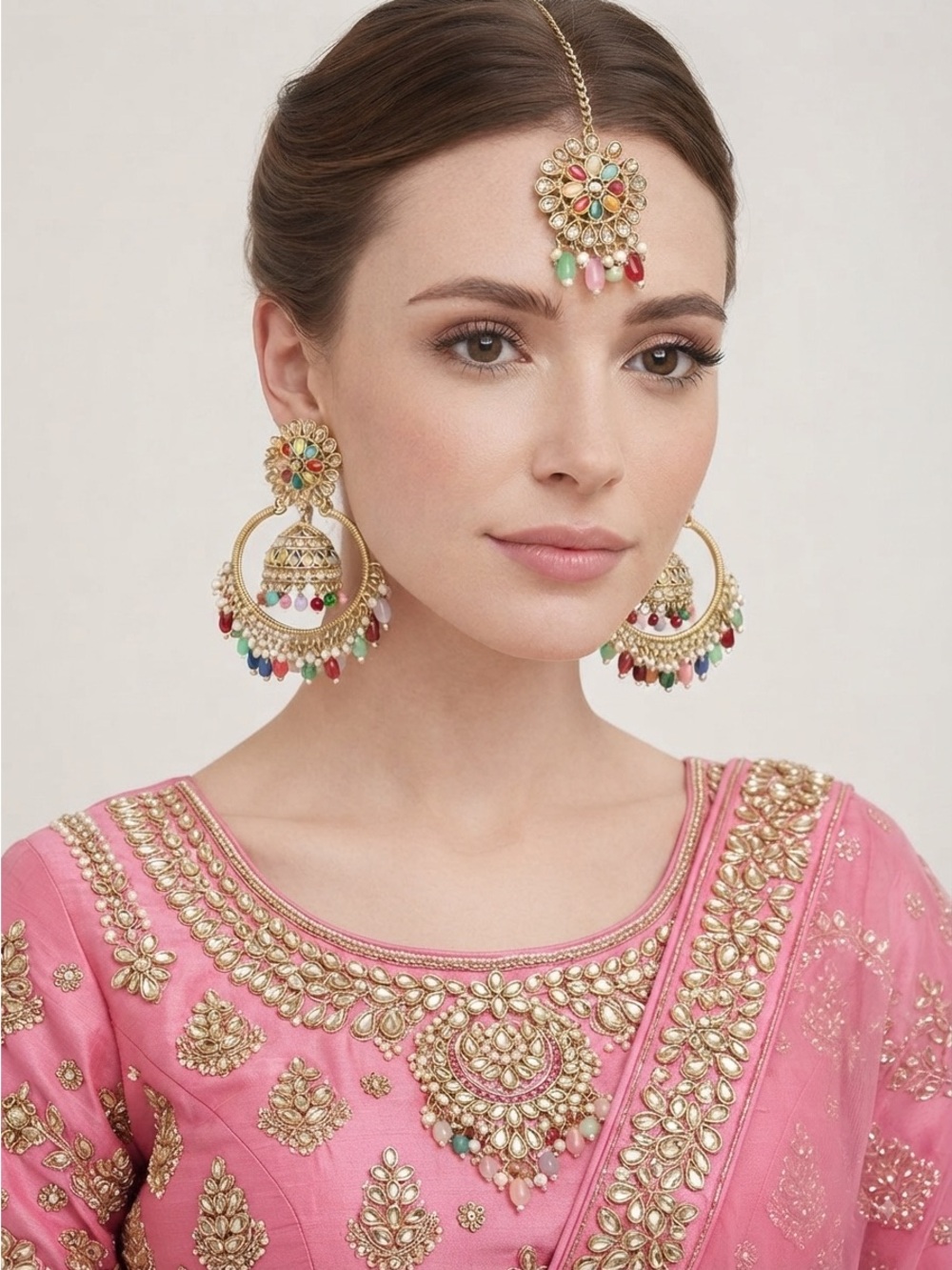 Gold Tone Multicolor Polki Jhumka Earrings Maang Tikka Set - Picture 4 of 12